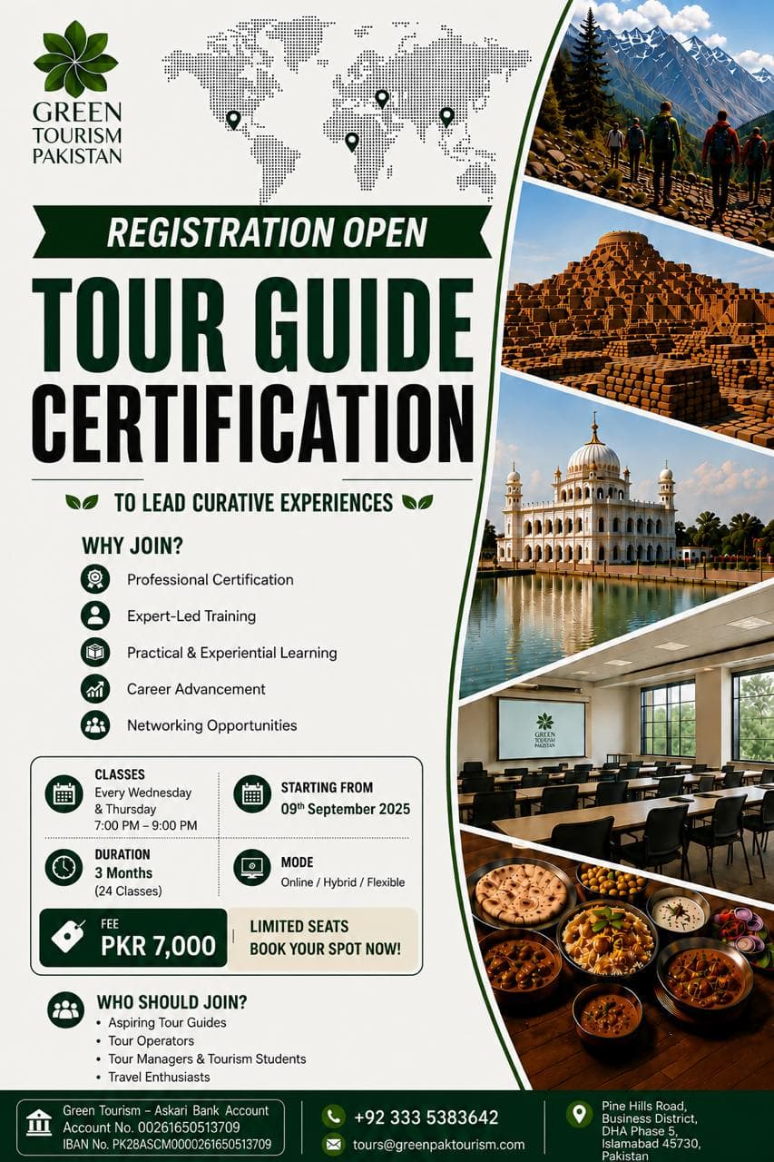 Tour Guide Certification poster. Green Tourism Pakistan branding beside photographs of trekkers on a mountain trail, Buddhist stupa ruins, a white-domed gurdwara reflected in still water, Kalasha women in traditional headdresses, and a spread of Pakistani dishes.