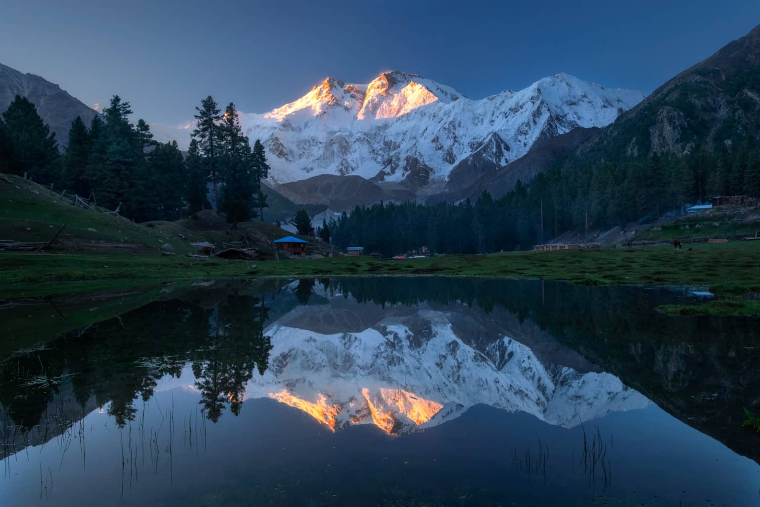 Nanga Parbat at sunset reflected in a pond at Fairy Meadows